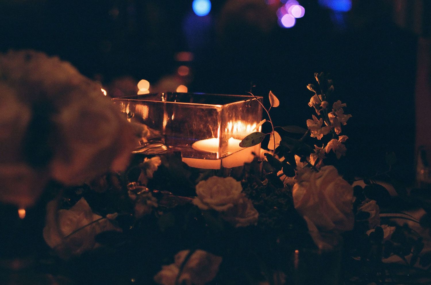 A glowing candle in a glass holder surrounded by white roses and greenery in a dark romantic setting.