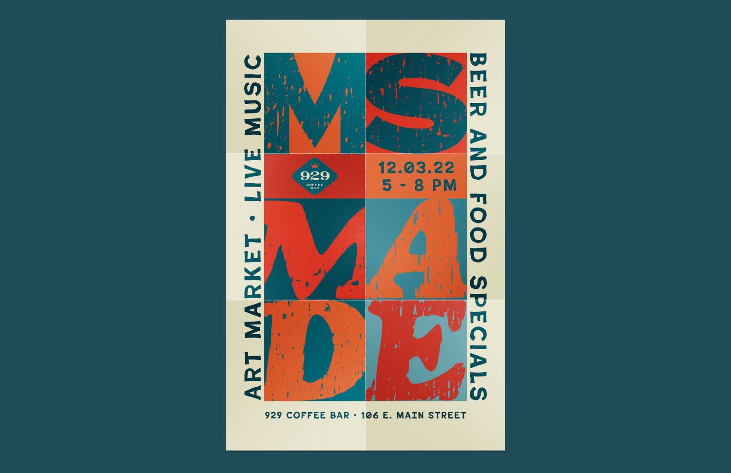 MS Made event poster featuring bold typography for art market and live music at 727 Coffee Bar.