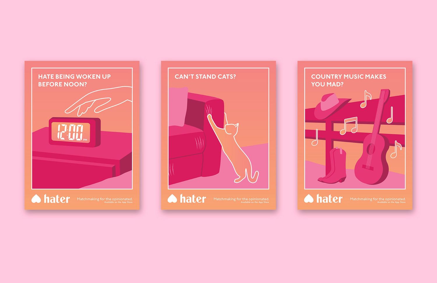 Three pink illustrated cards for Hater app showing humorous dislikes including mornings, cats, and country music.