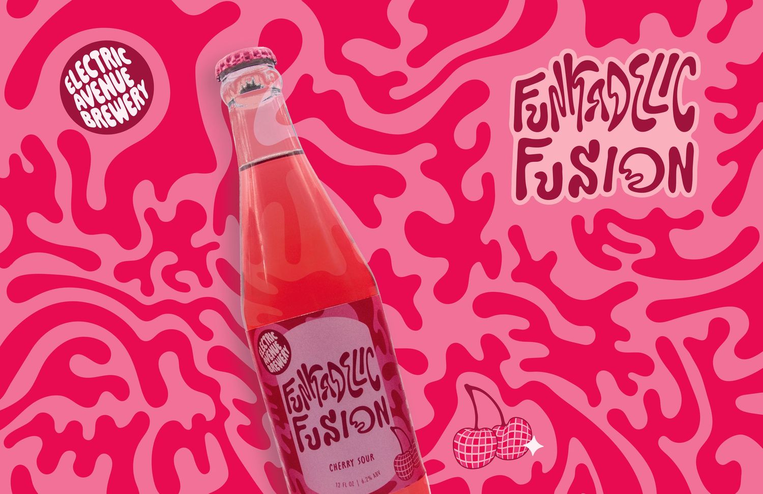 Bold pink psychedelic label design for Funtadelic Fusion craft beer from Electric Avenue Brewery.