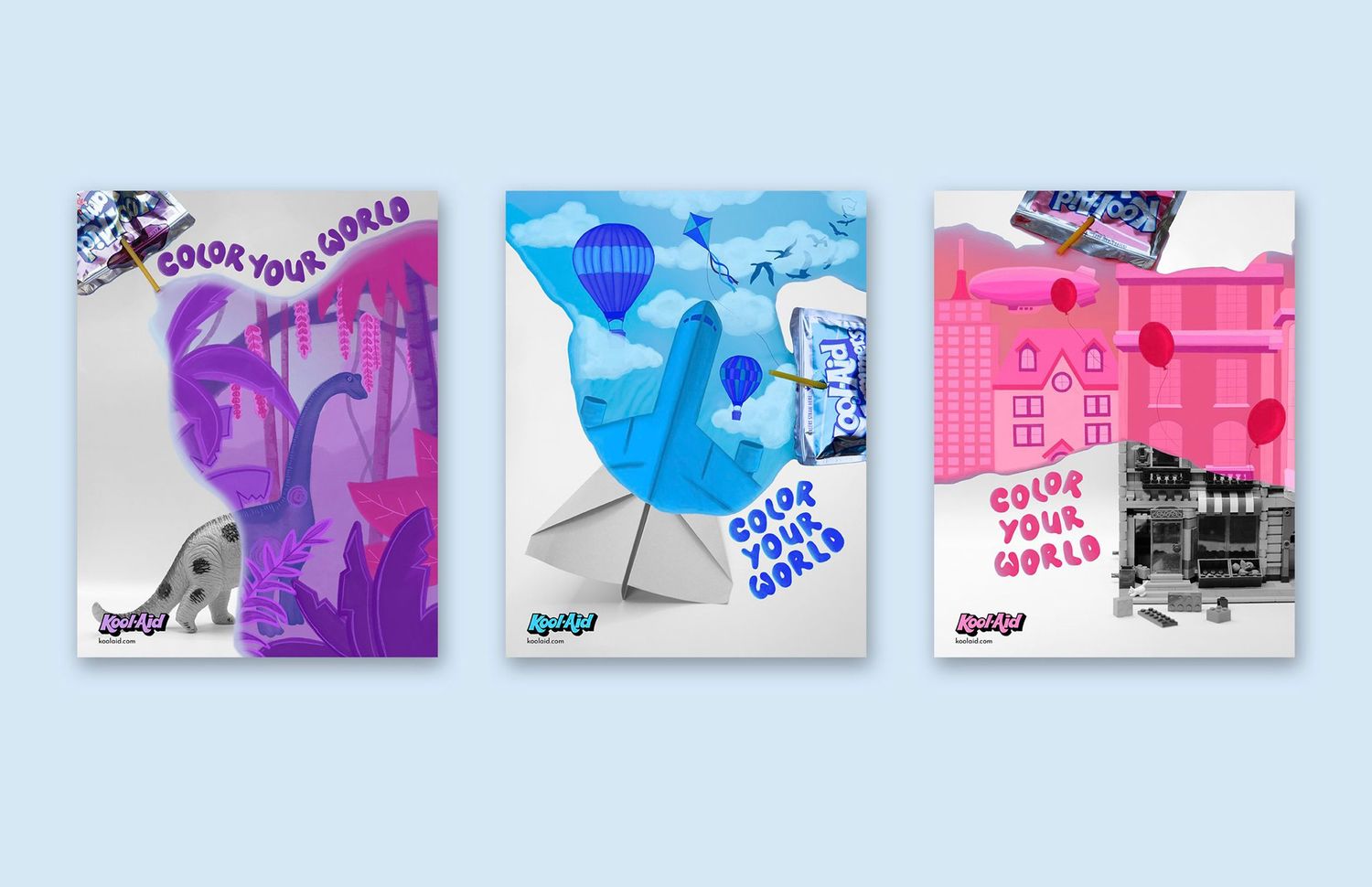 Three colorful Color Your World promotional posters in purple, blue, and pink with playful collage designs.
