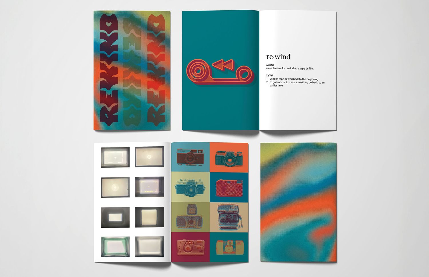 Retro-themed graphic design booklet titled Rewind featuring vintage cameras, cassettes, and colorful patterns.