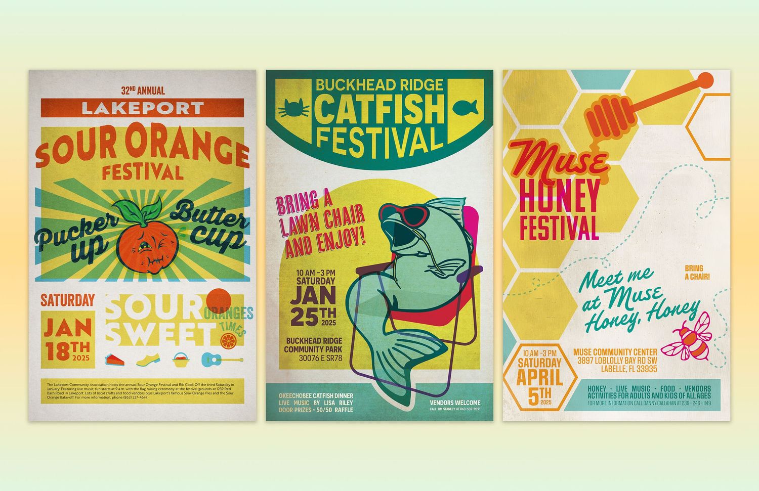 Three vibrant retro-style festival posters for Sour Orange, Catfish, and Muse Honey festivals on light background.