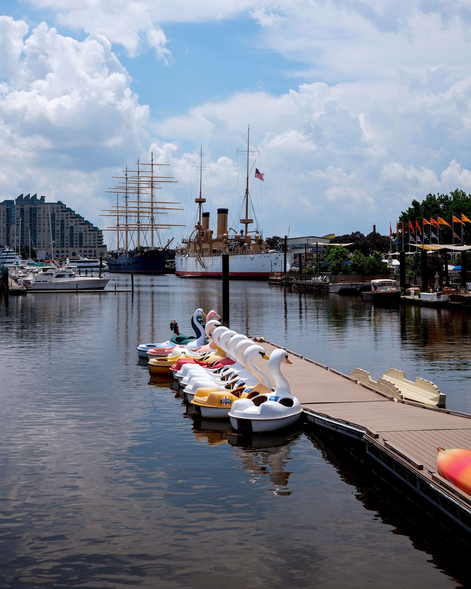 Swan paddle boats docked at a marina with tall ships in the background.