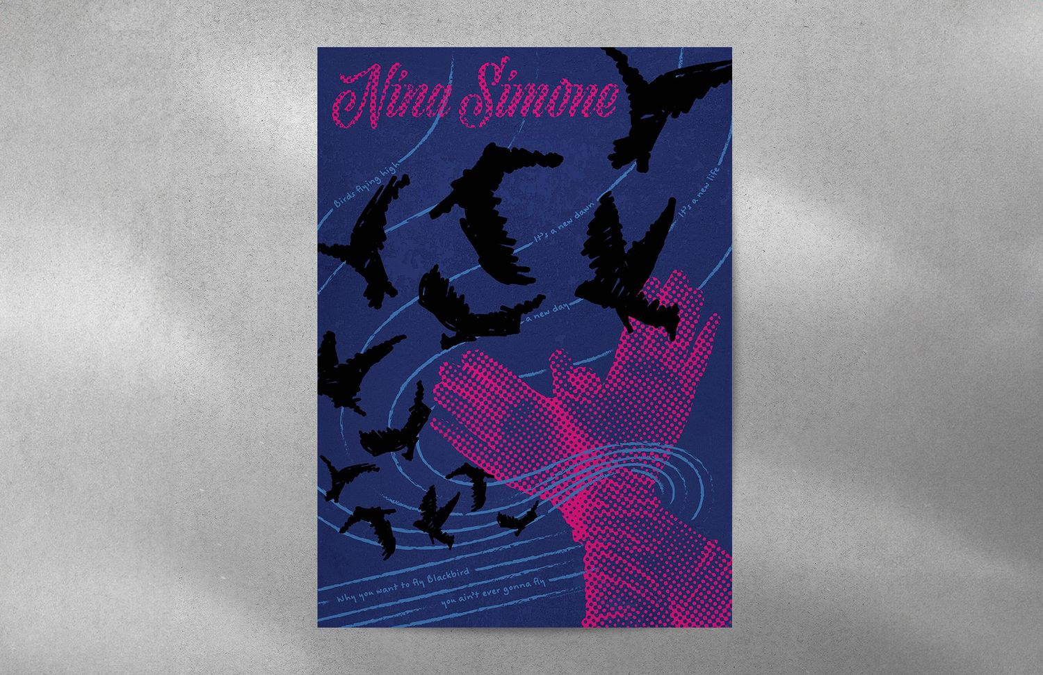 Nina Simone art poster featuring silhouette birds in flight against a deep blue background with pink typography.