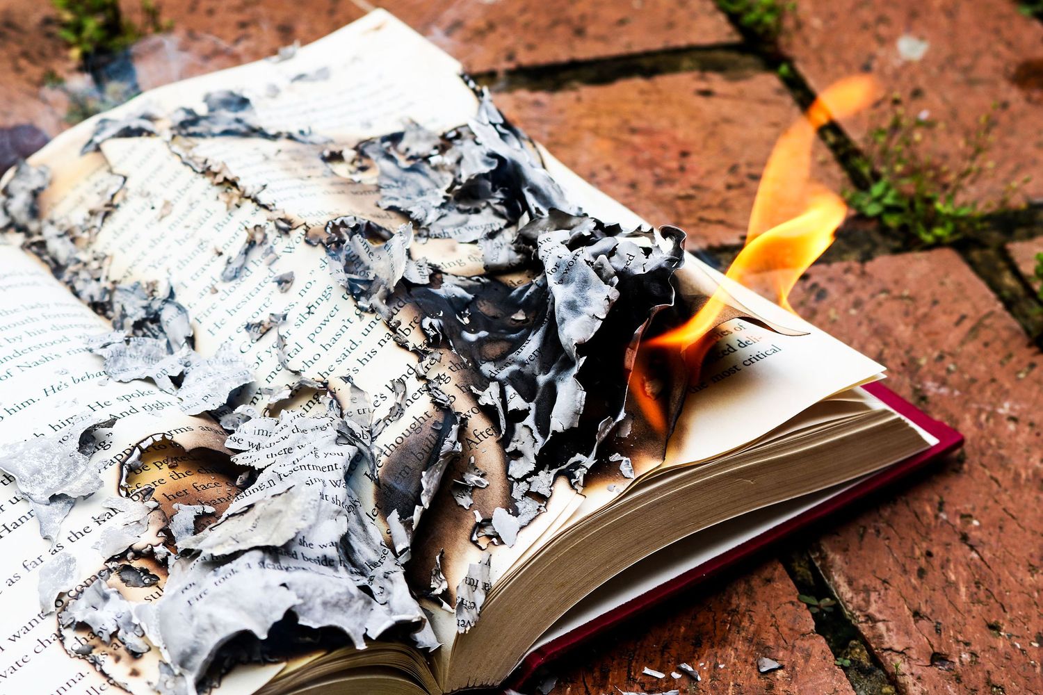 An open book burning with bright orange flames on a brick surface, pages charred and turning to ash.