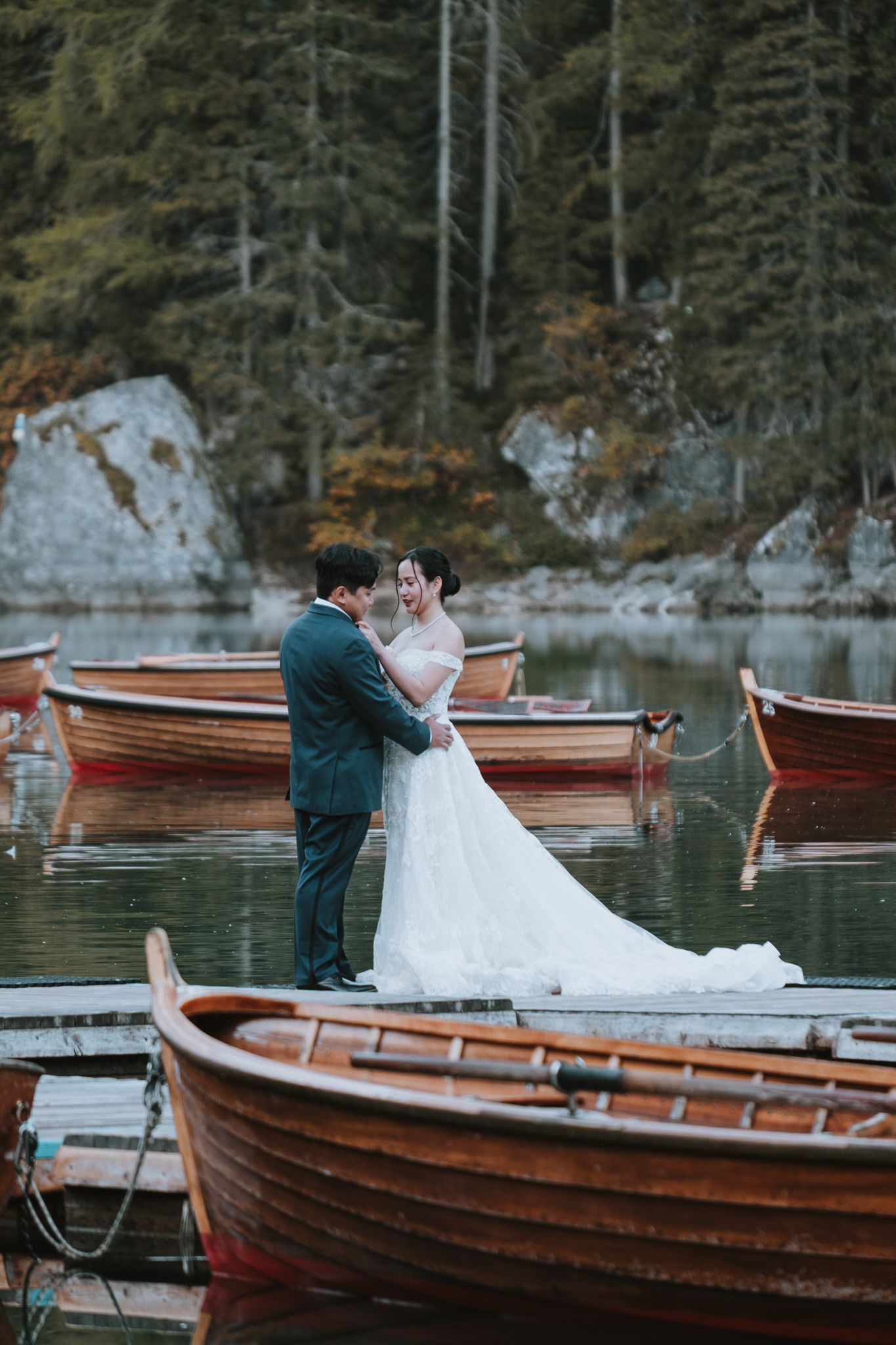 romantic wedding photography  – golden hour portrait by lake
