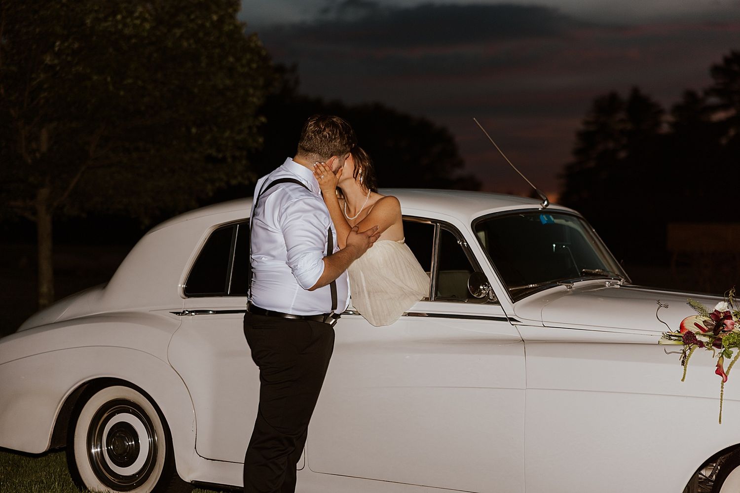 NH bride and groom doing a vintage car send-off at their Dell-Lea wedding