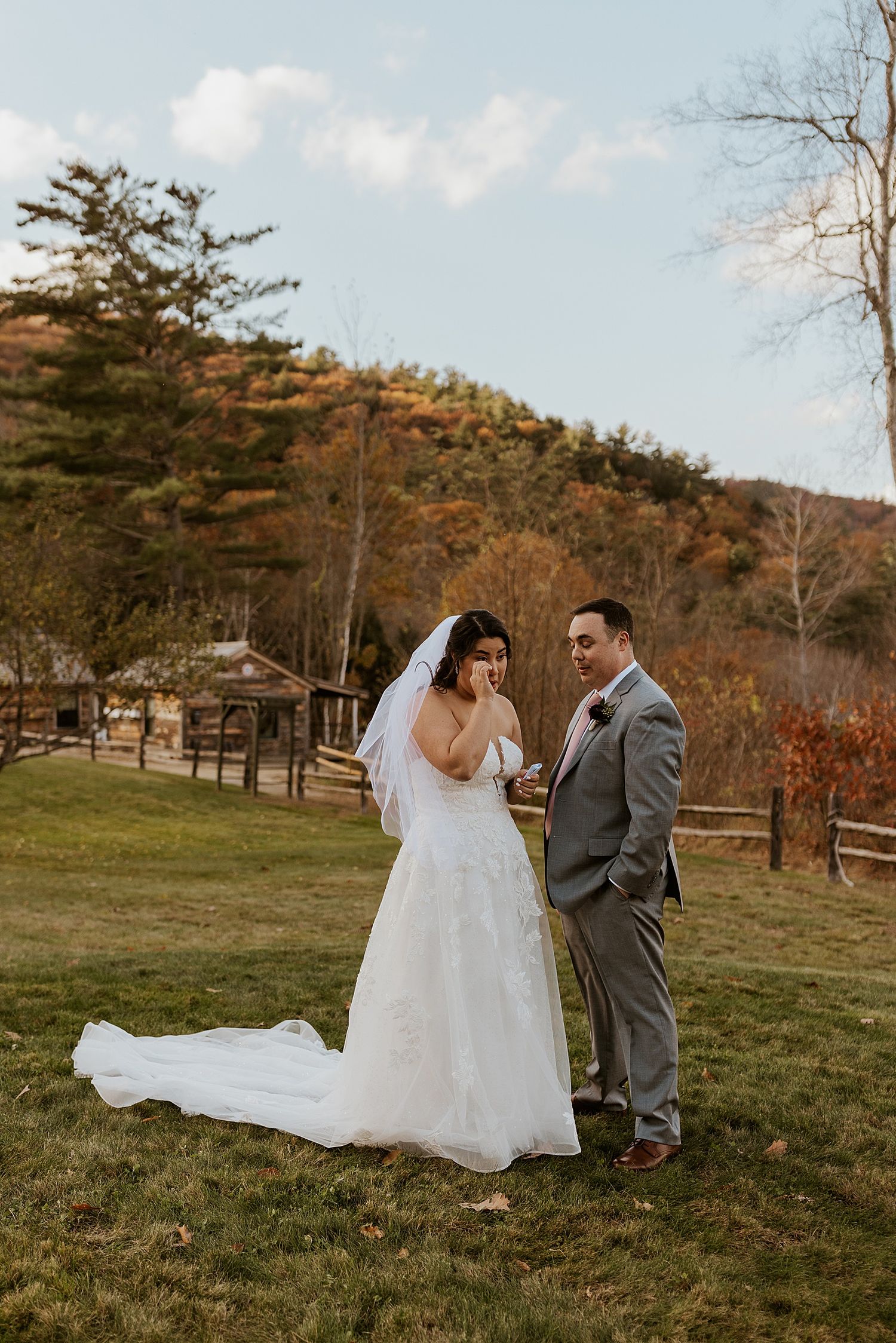 Bride and groom having a first look at their NH wedding in the mountains, part of their wedding photo list