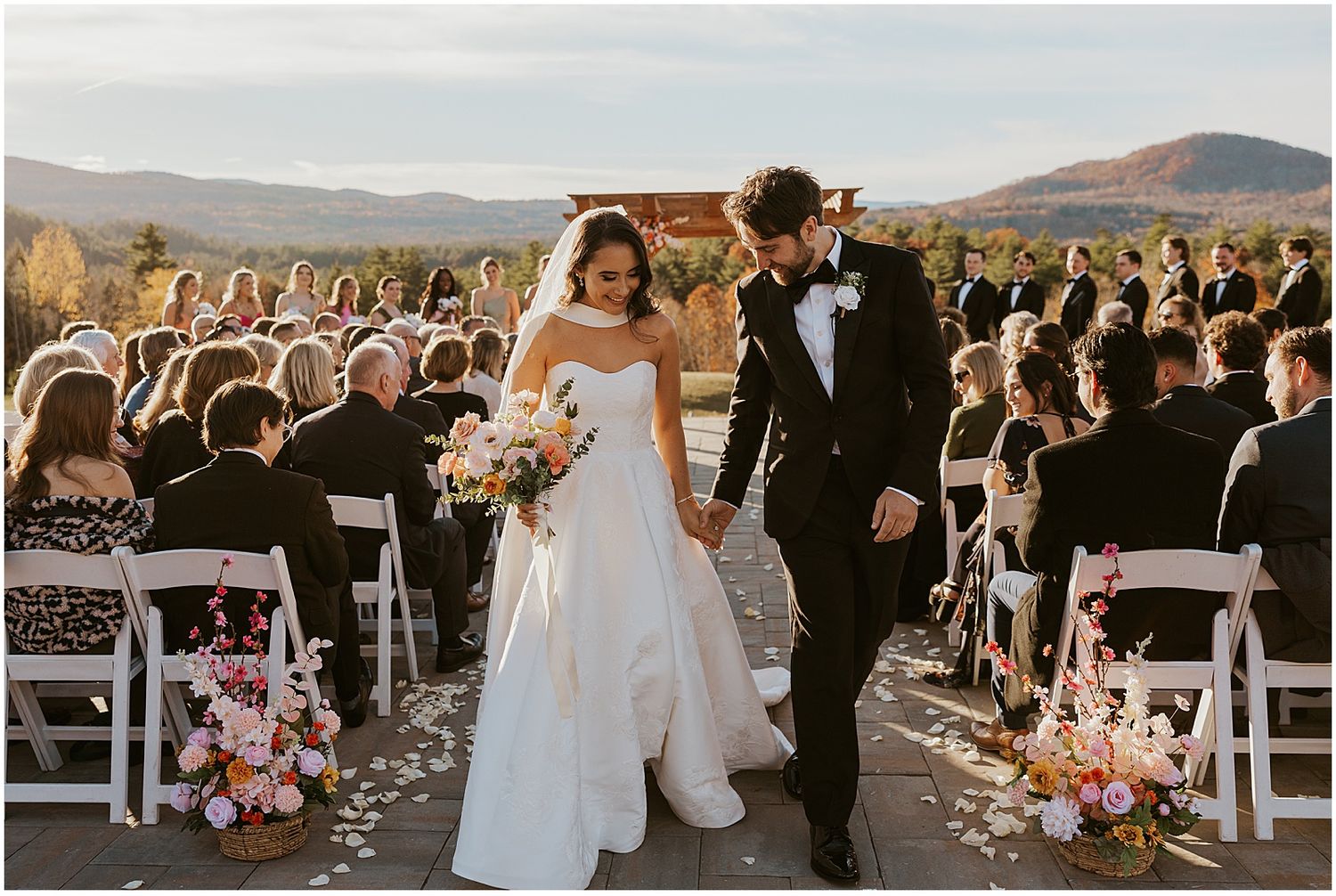 Bride and groom at their wedding ceremony at the Owl's Nest Resort