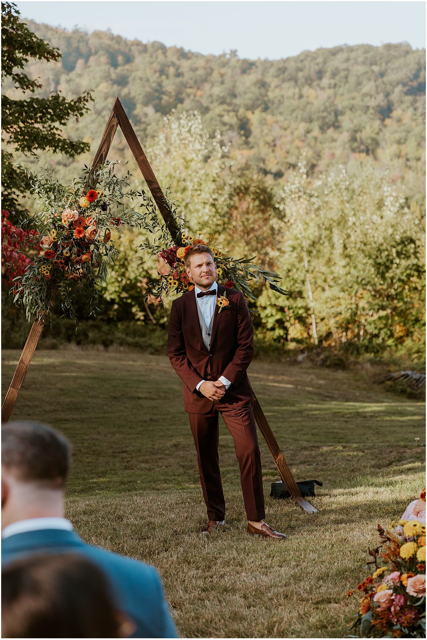 Groom waiting for bride at NH intimate wedding