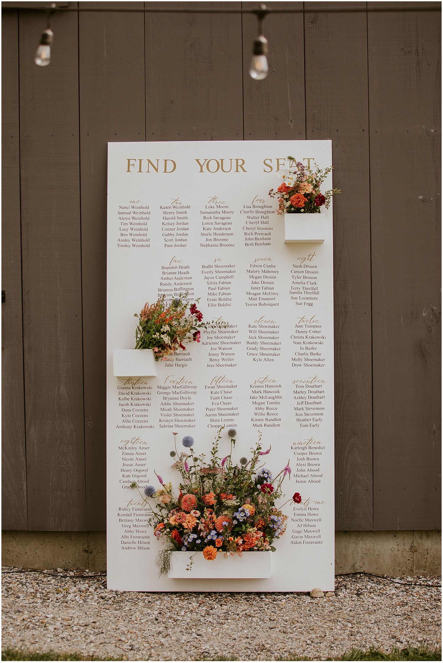 Floral seating chart display with white background and pink flower arrangements.