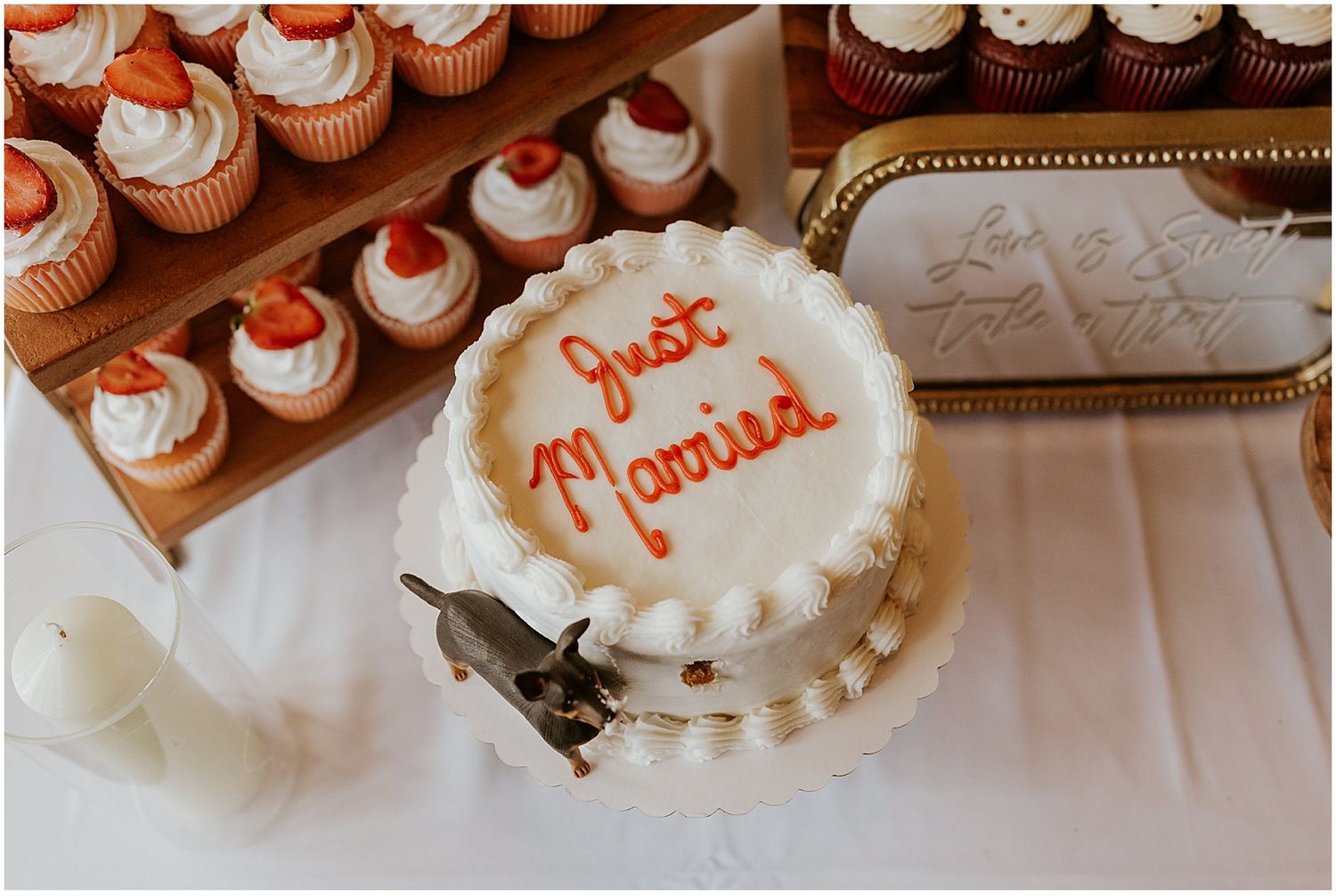 Vintage wedding cake with a dog cake topper for a VRBO wedding
