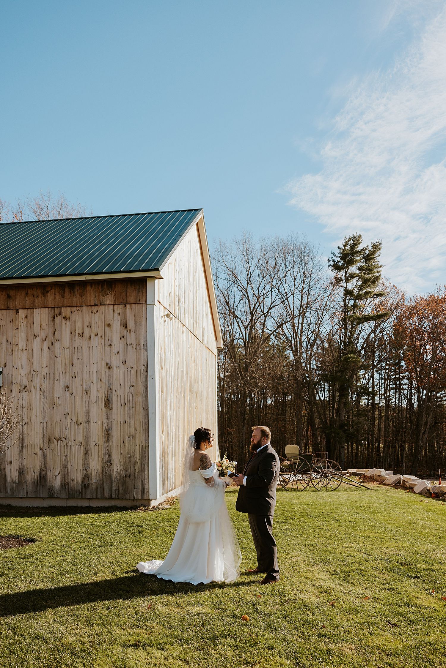 Couple having a first look at their NH wedding