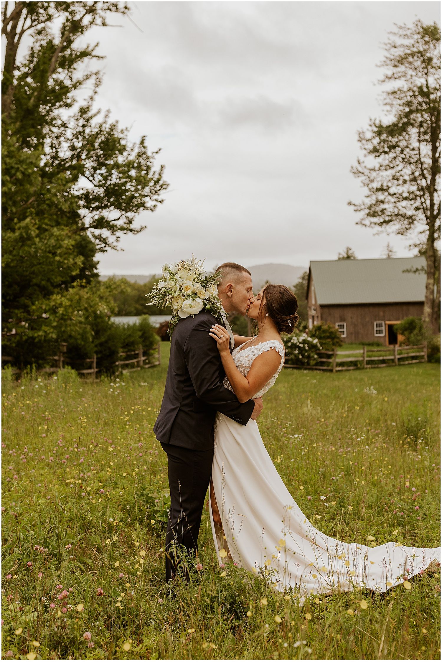 A romantic spin in a wildflower field with white wedding dress flowing in motion.
