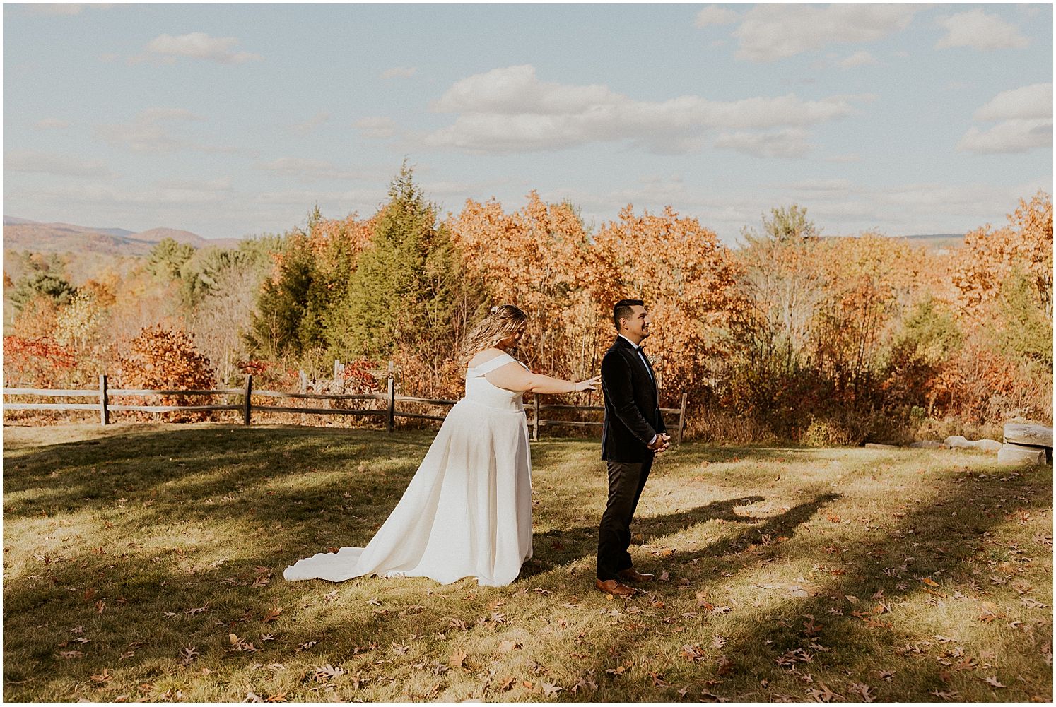 Bride and groom first look NH fall wedding