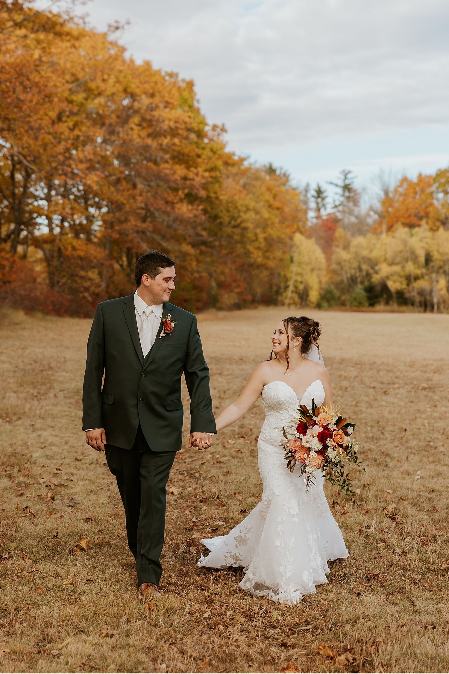 Bride and groom at their fall wedding in Maine