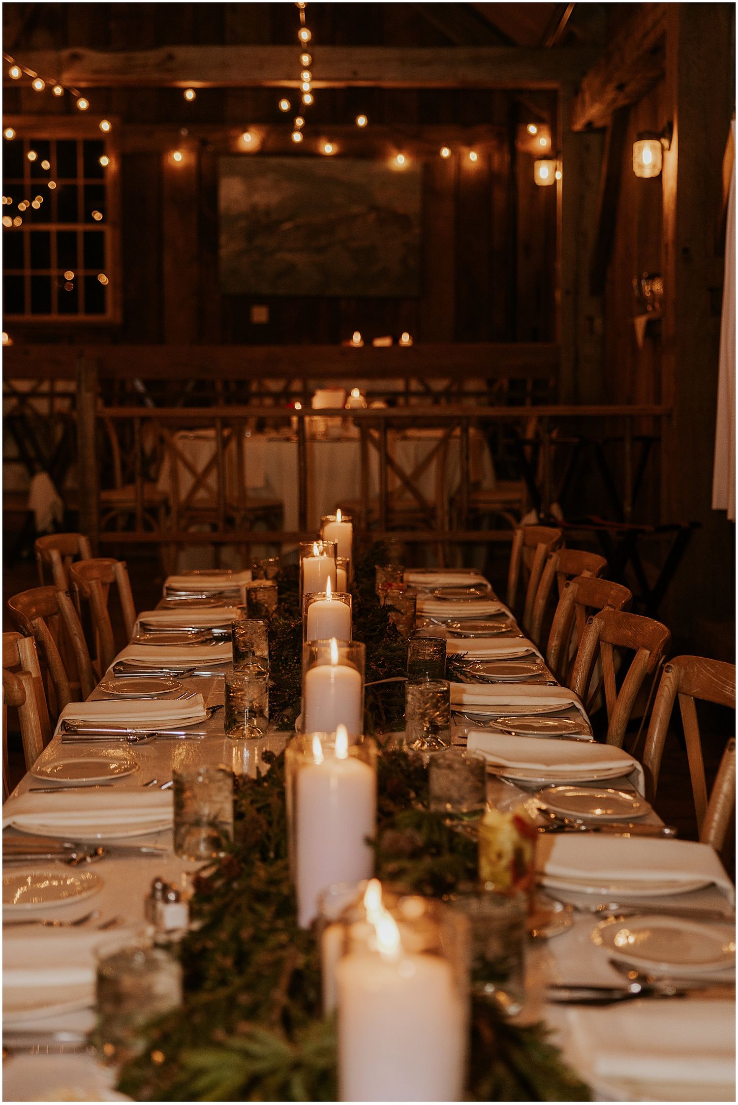 Wedding table decor at White Mountain wedding venue Barn on the Pemi