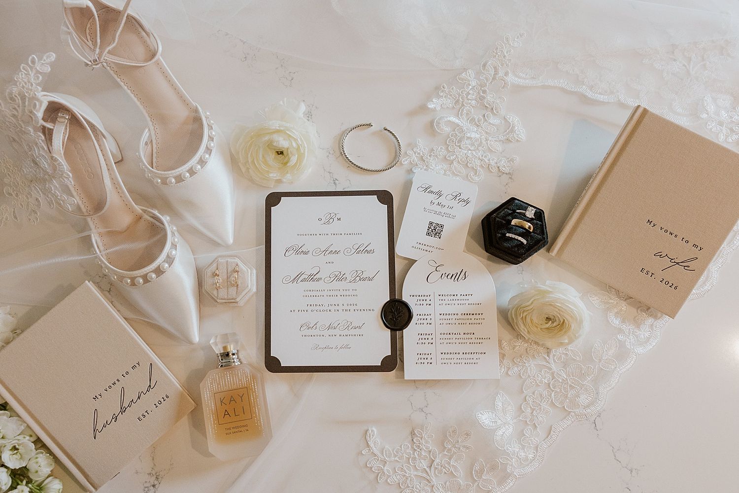 Bridal detail photos for a NH wedding at the Owl's Nest Resort