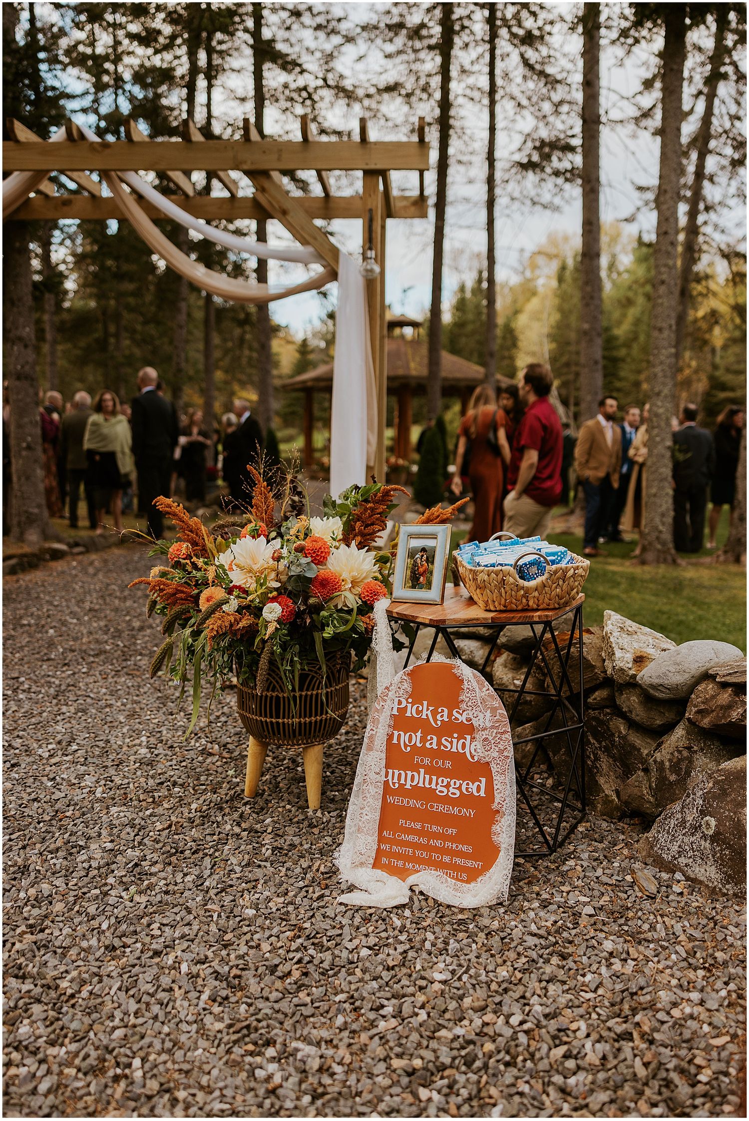 Wedding ceremony decor for outdoor wedding in NH at Mohawk Falls