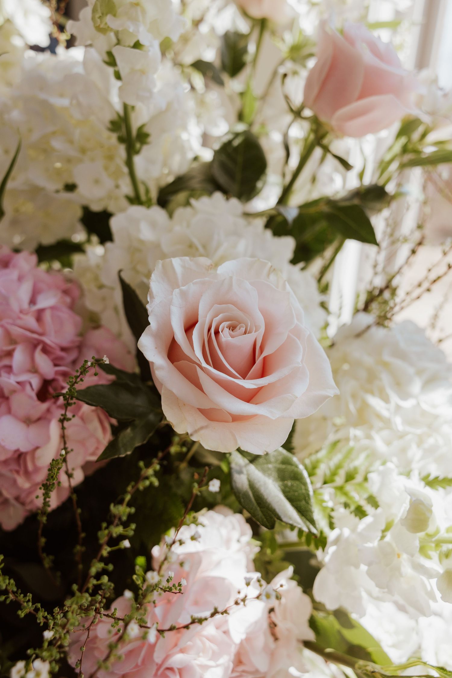 A romantic floral arrangement featuring soft pink roses and white flowers with delicate greenery in natural lighting.