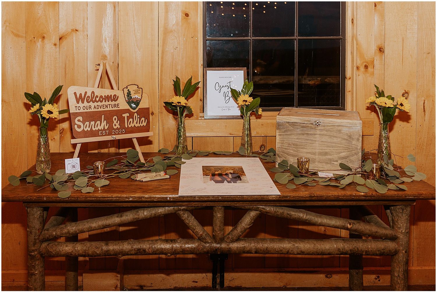 The wedding guestbook display table at a New Hampshire wedding