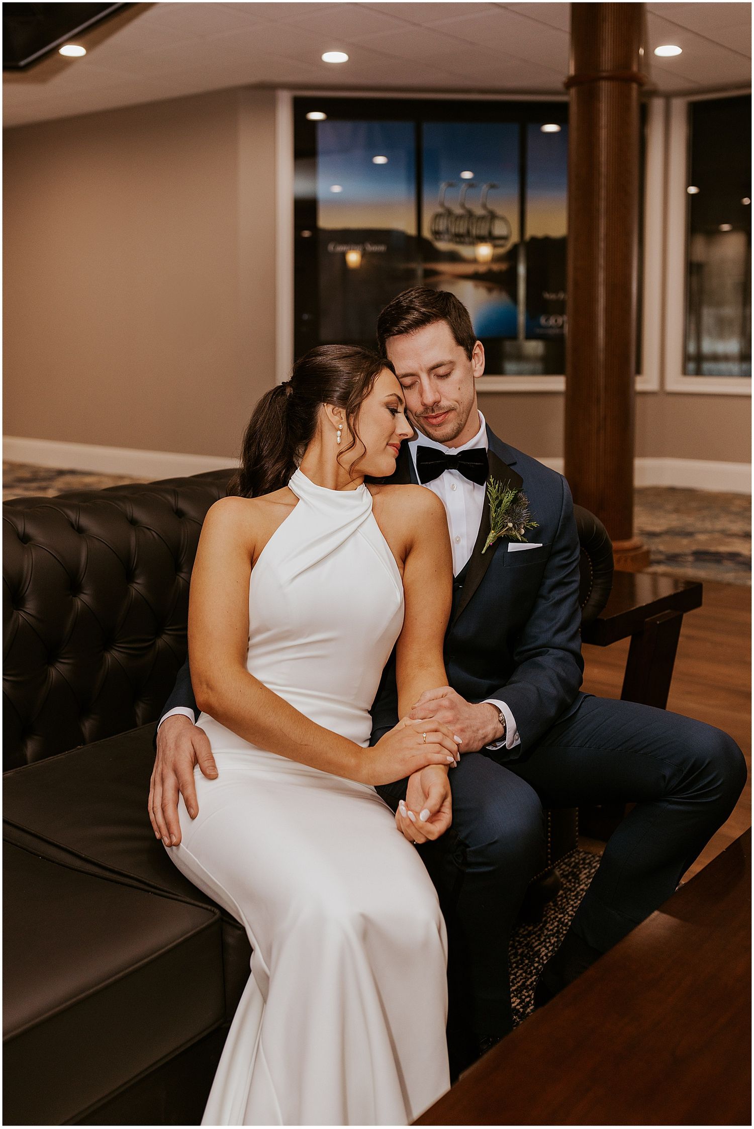 Bride and groom first look at the River Walk Resort at Loon Mountain