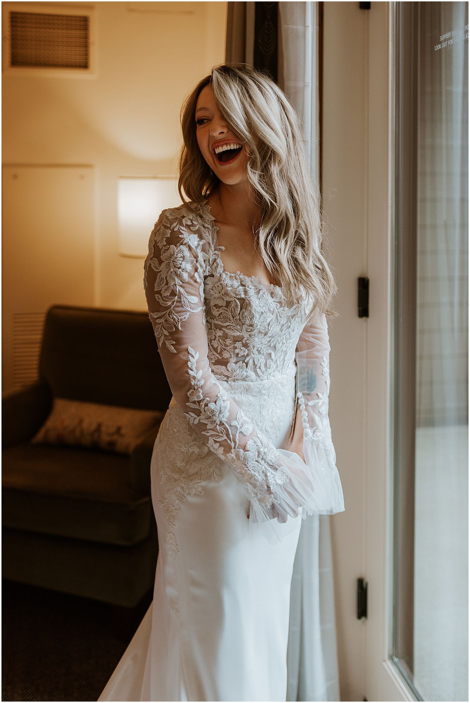 Long sleeved wedding gown for Stowe VT wedding