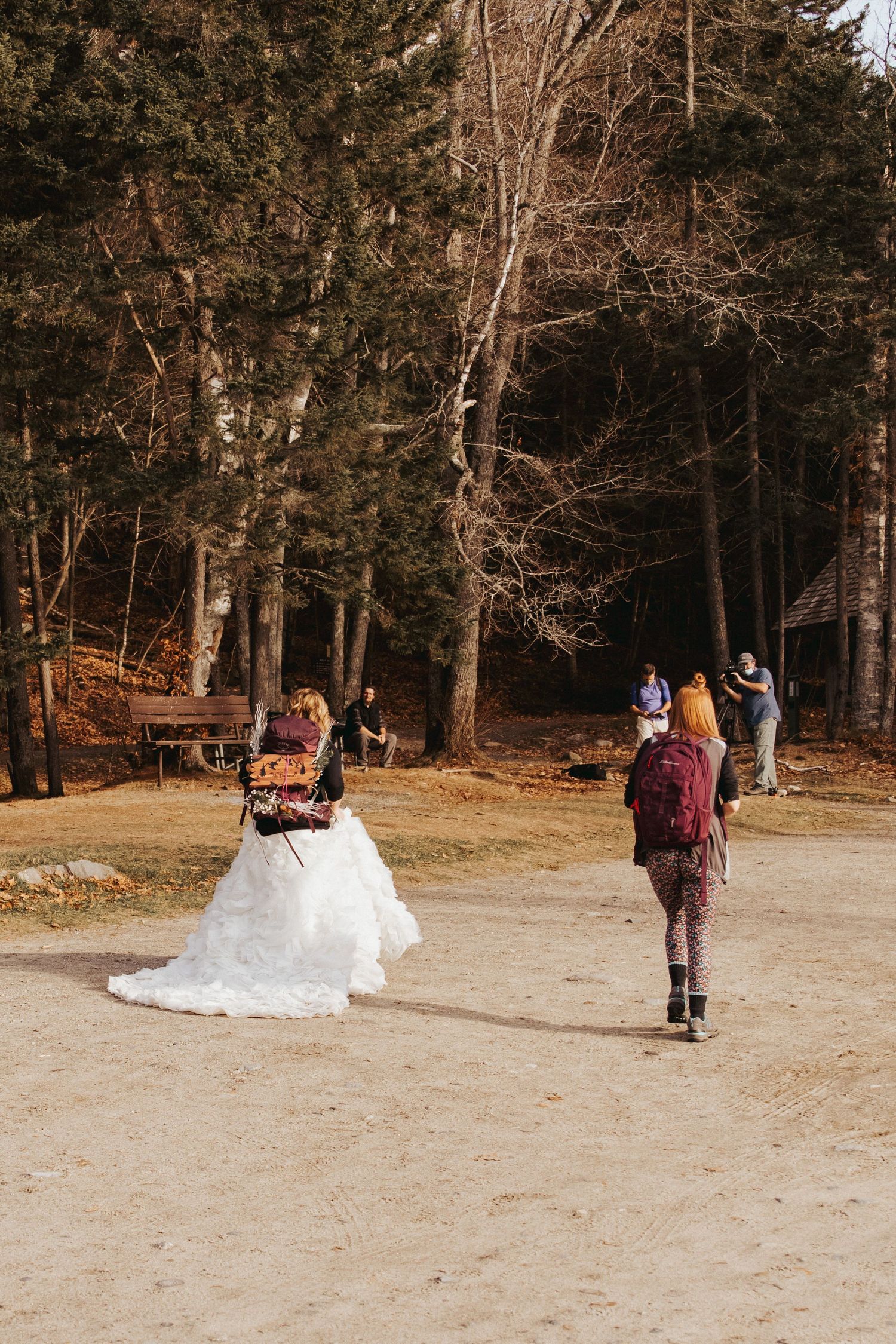Jackie Brosonski and Robin Easler walking toward the NH Chronicle crew on Mount Cardigan