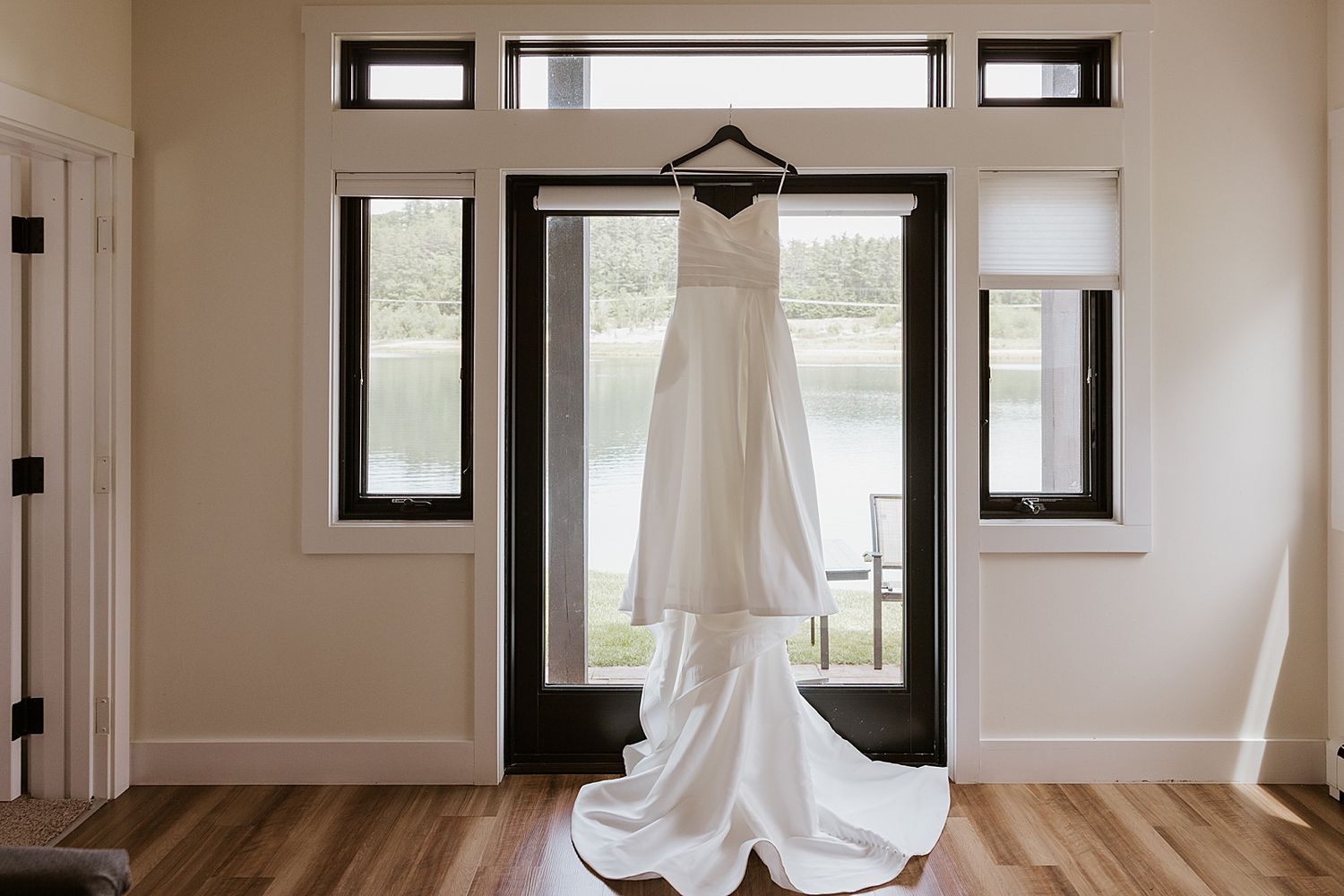 Bridal gown hanging up for a New Hampshire wedding
