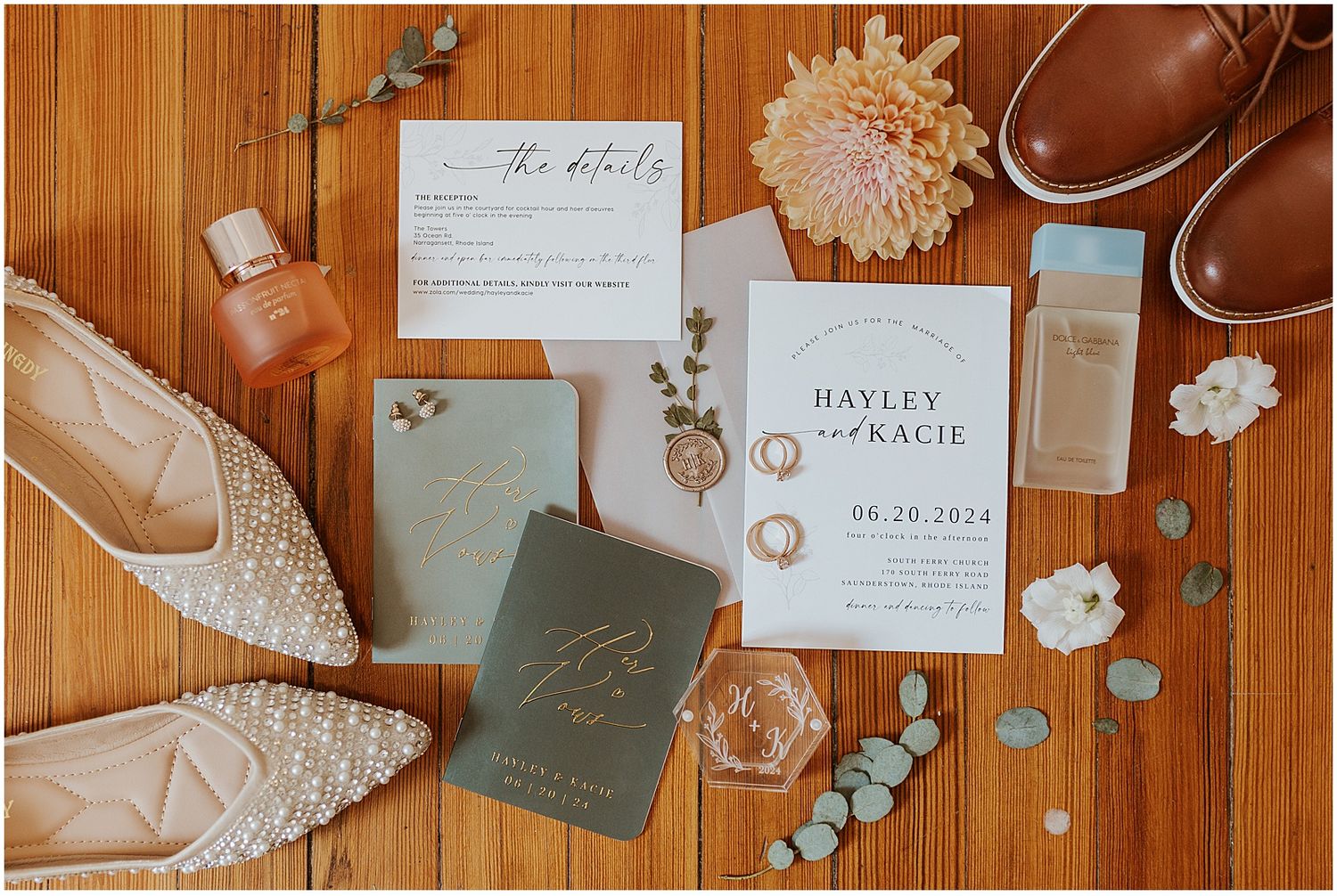 Flatlay of bridal details for getting ready wedding photos for NH wedding