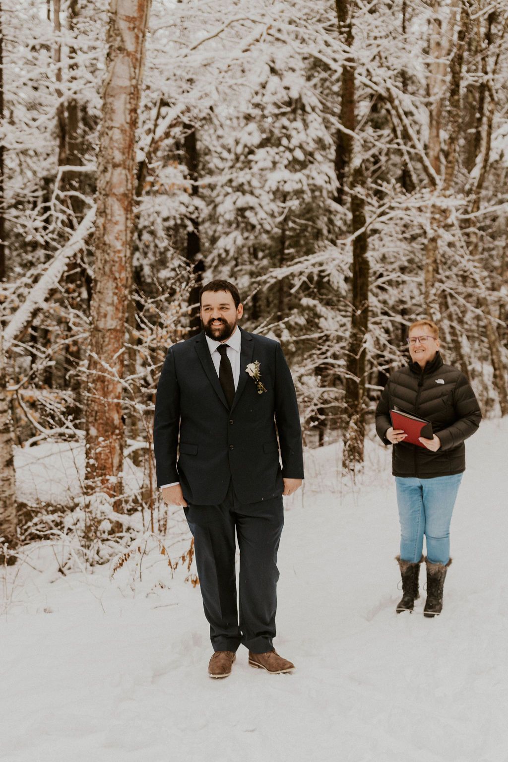 Groom waiting for bride winter elopement