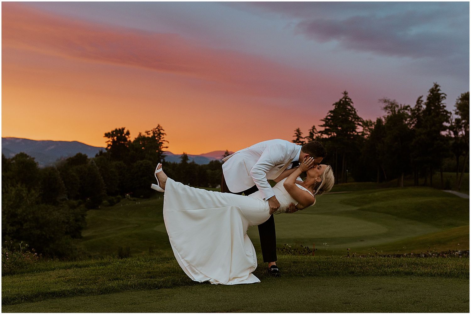 NH bride and groom taking portraits at sunset at the Owls Nest Resort