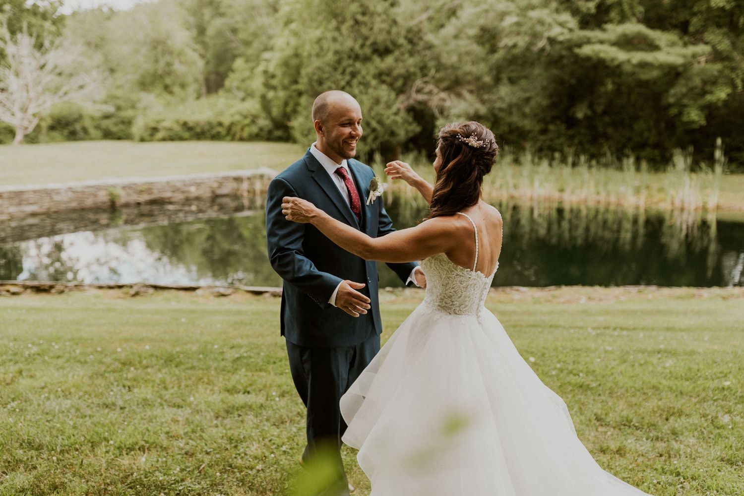 Jessica and Mike seeing each other for the first time on their wedding day.