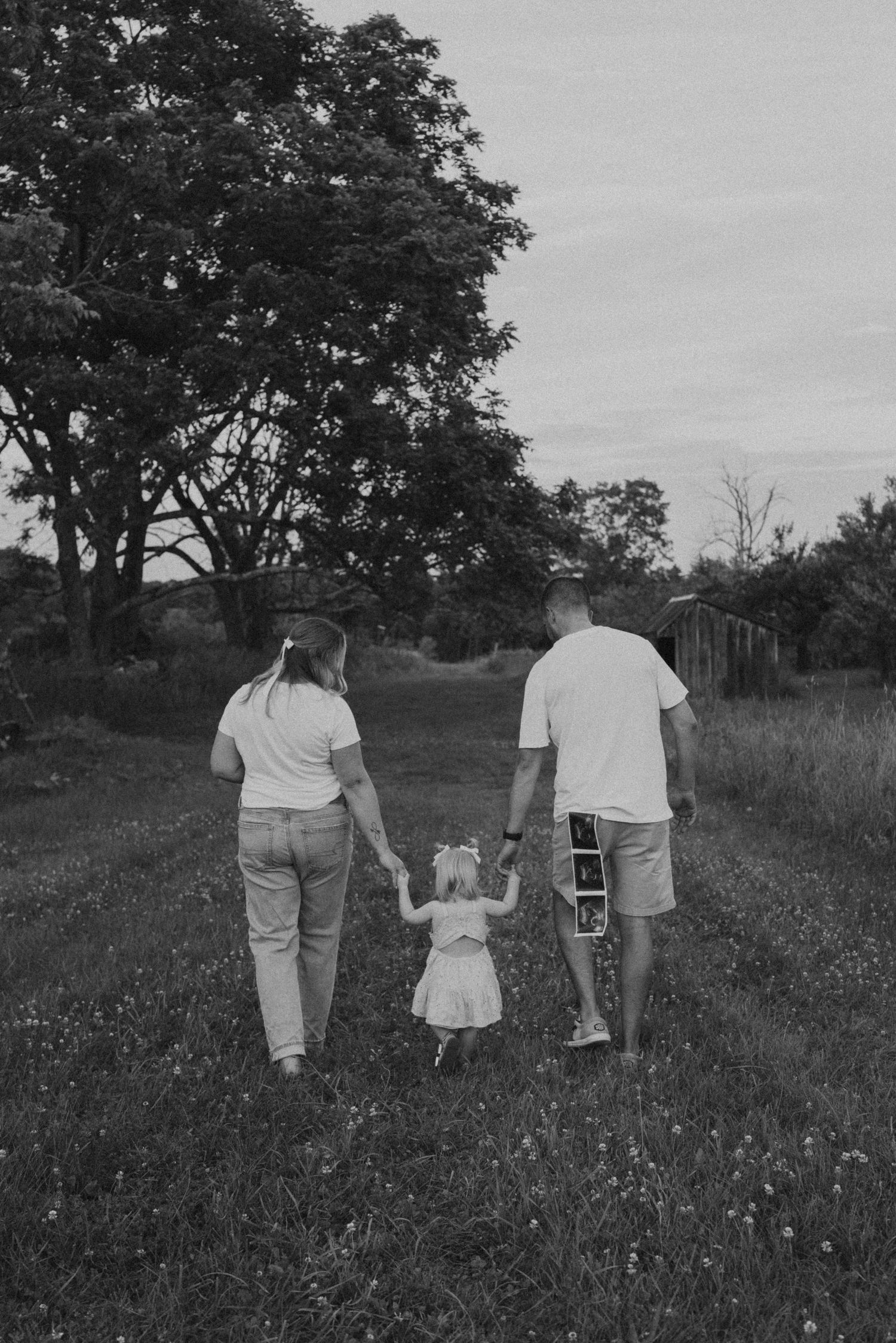 Black and white photo of a family of three walking through a grassy field, parents holding toddler girl's hands.