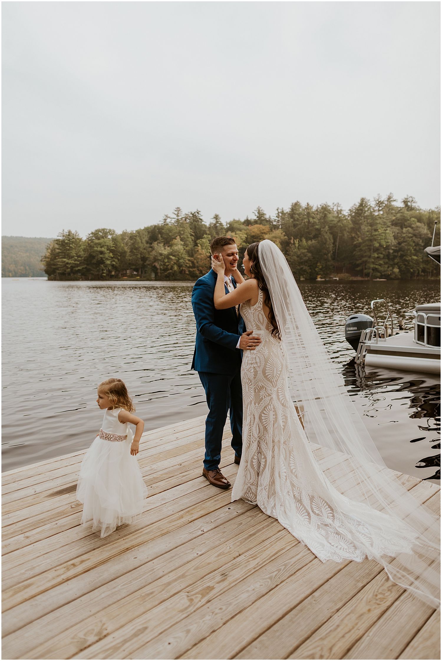 Bride and groom first look on the lake