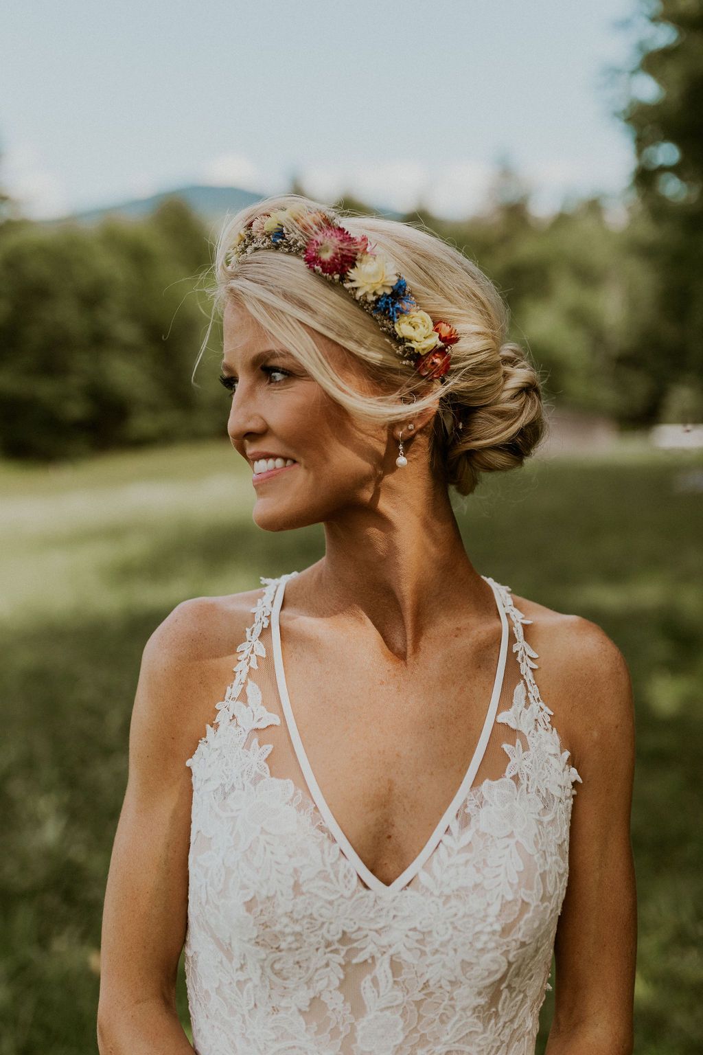 Bride in flower crown for wildflower themed wedding