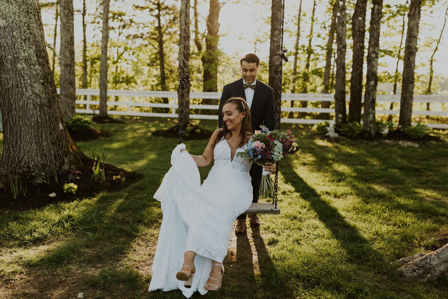 Chrissy and Mike during golden hour portraits at the Arabella Estate in Buxton Maine.