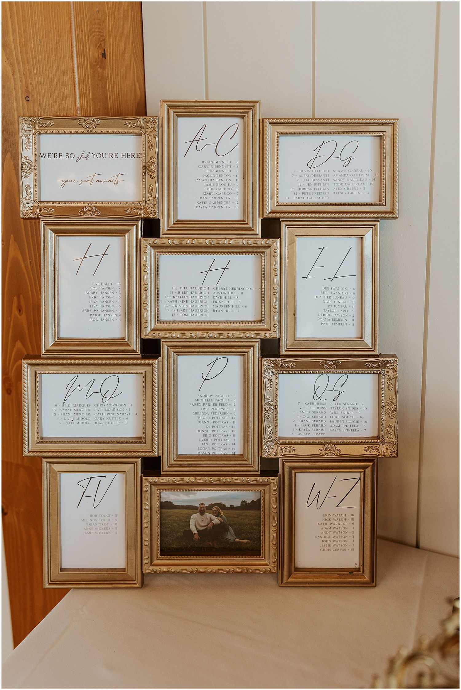 Gold frame seating chart for nh wedding
