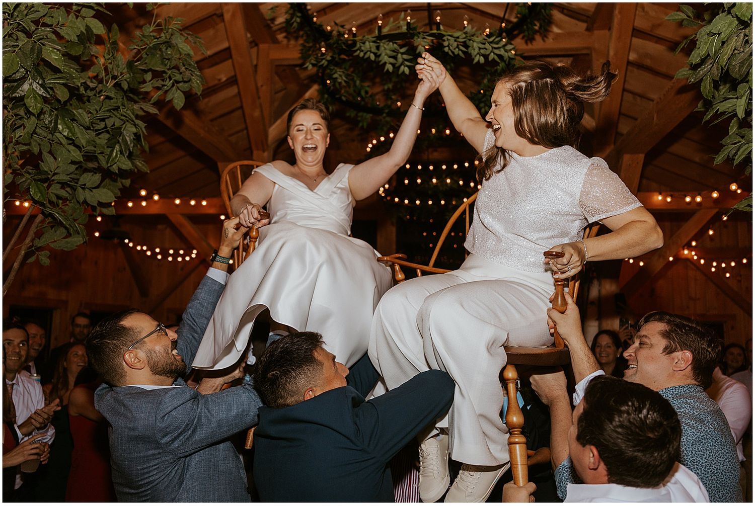 Brides dancing the Hora at their New Hampshire wedding reception