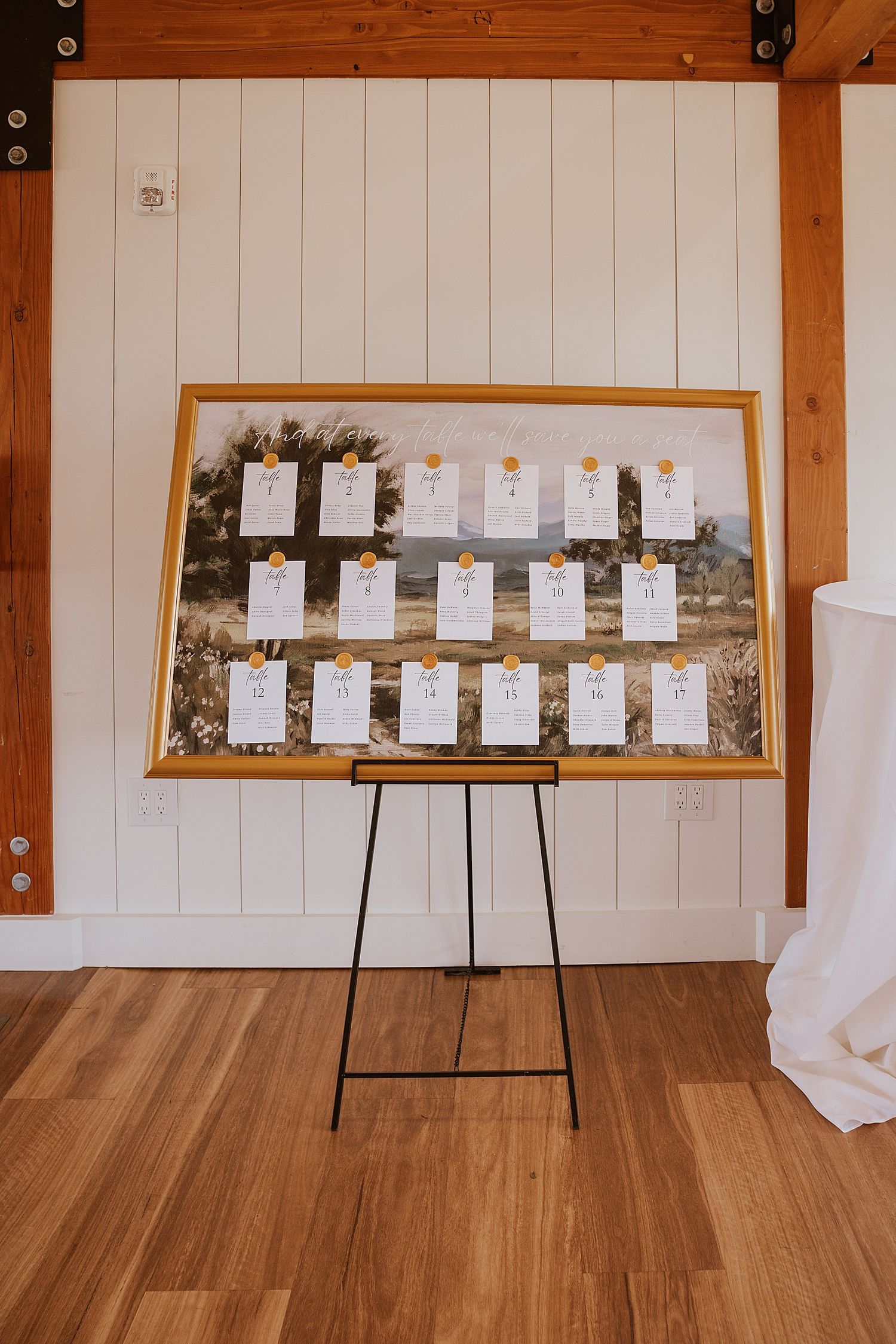 Wedding seating chart for a wedding at the Sunset Pavilion at the Owl's Nest Resort in New Hampshire