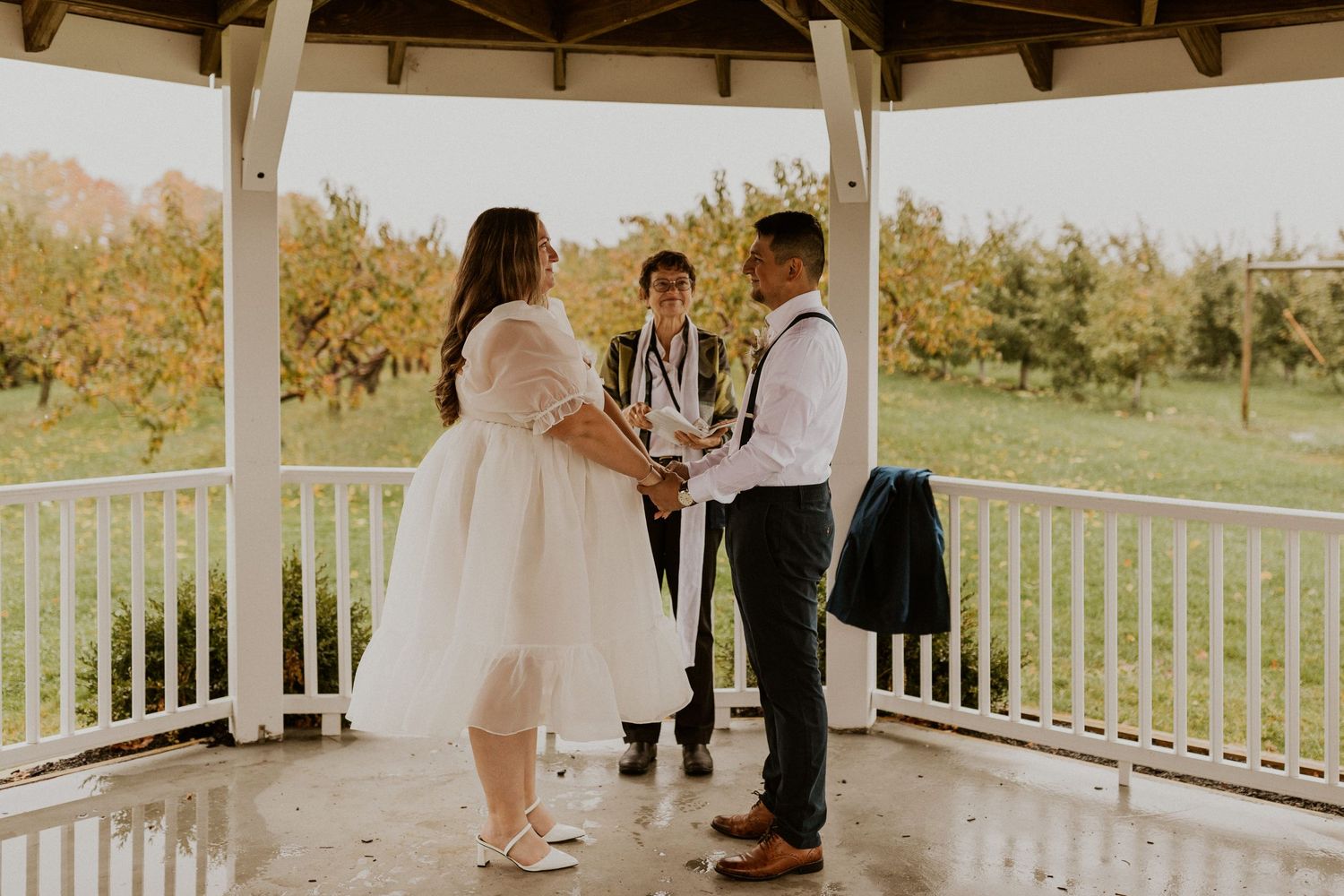 Terise and Jose holding hands during their ceremony at Carter Hill Orchard in Concord New Hampshire.