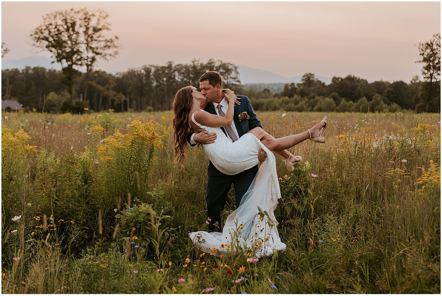 Romantic sunset photoshoot in a wildflower meadow with golden light.