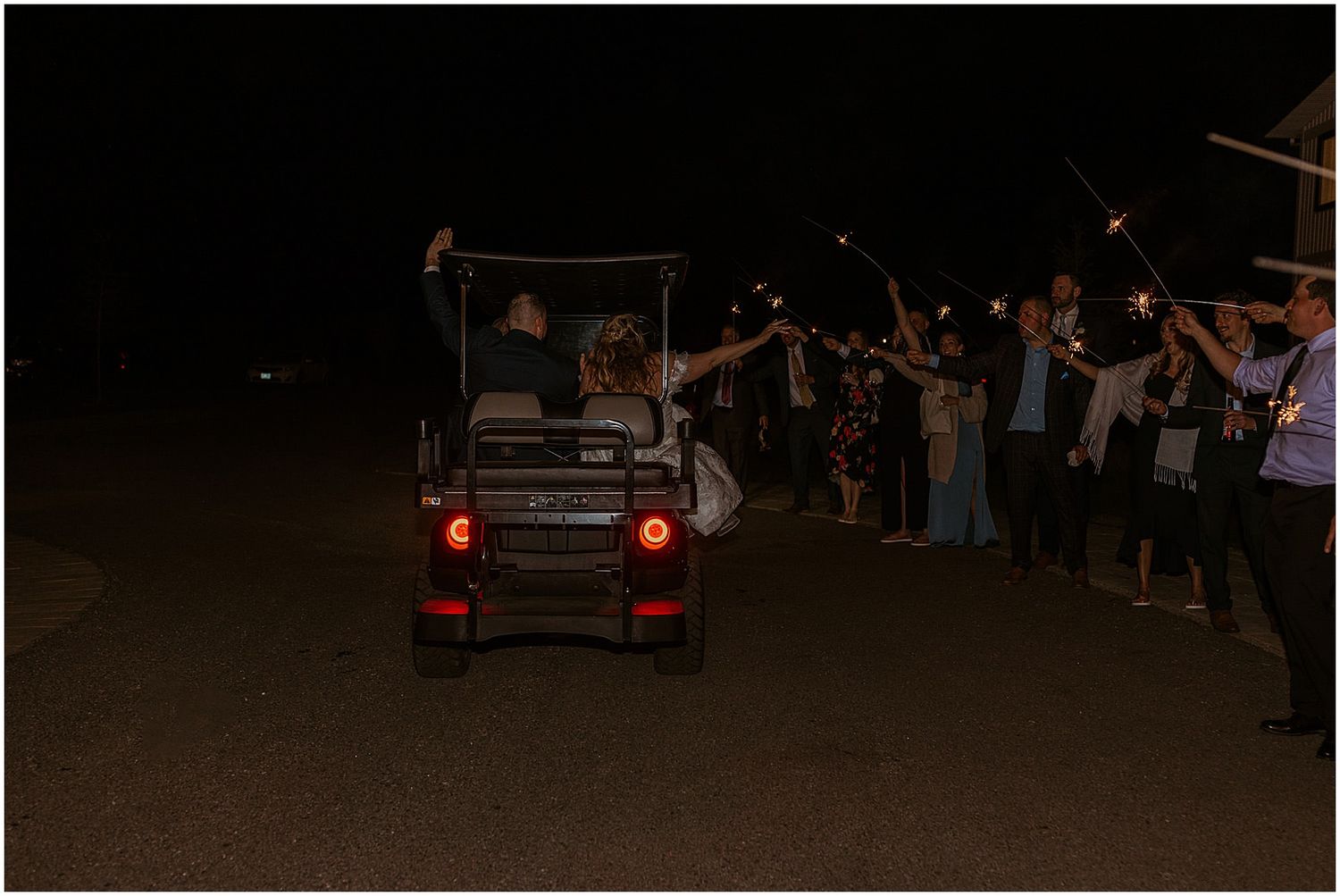 Bride and groom golf cart exit - owls nest wedding nh