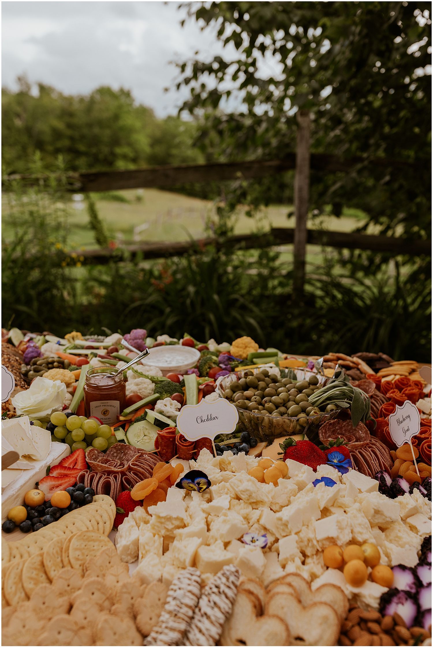 Elaborate charcuterie and appetizer spread with various cheeses, meats, and snacks.