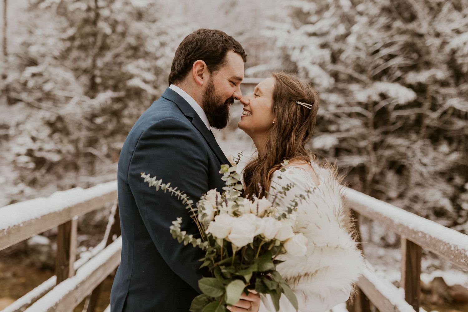 NH couple celebrating their winter elopement in the White Mountains