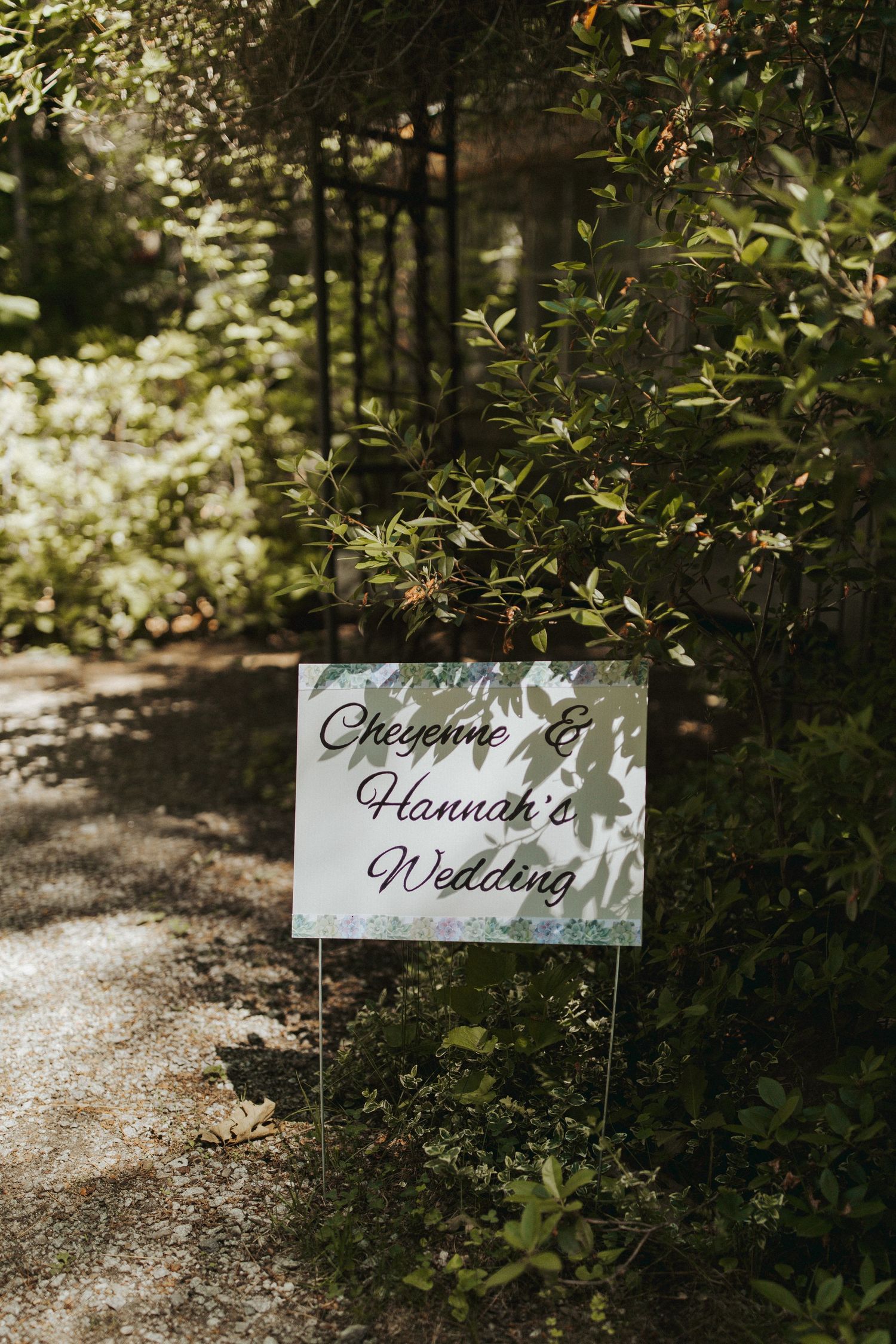 Elegant wedding signage displayed along a wooded path with natural sunlight filtering through trees.