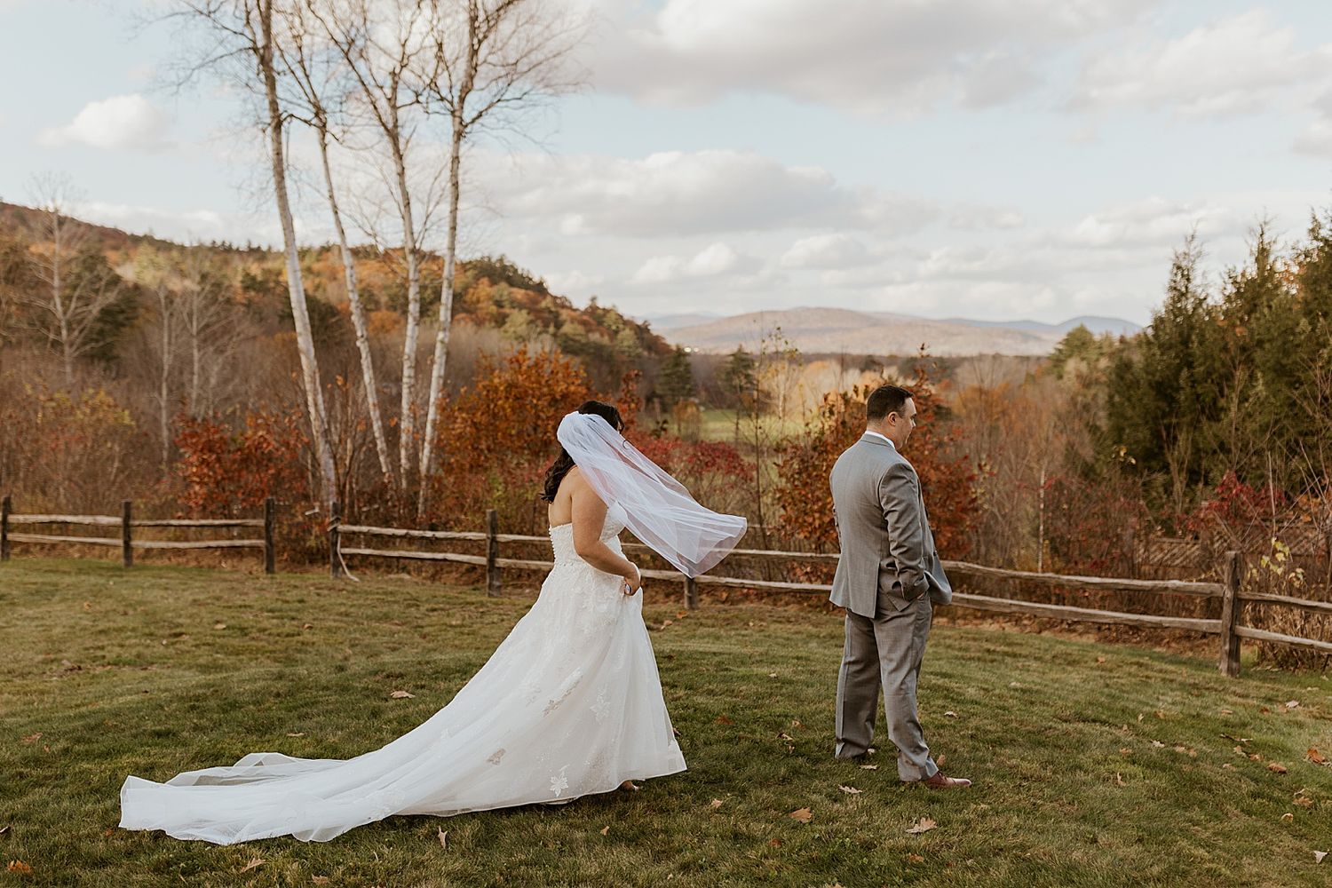 Bride and groom doing their first look, part of their wedding photo list