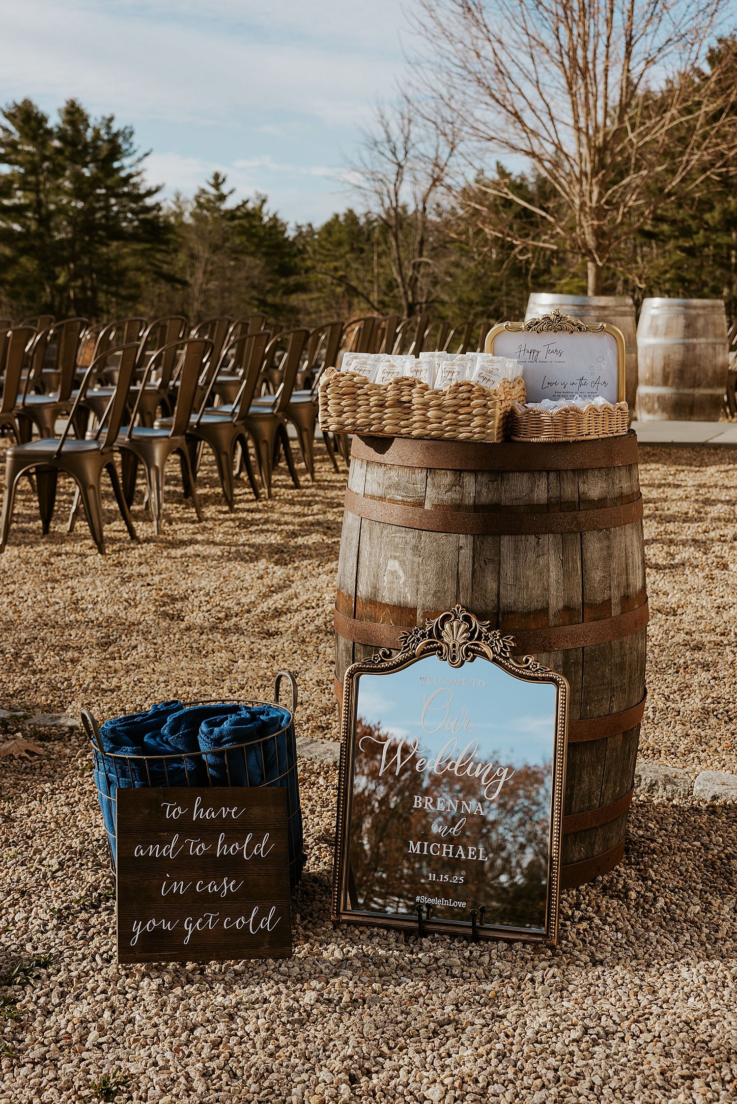 Wedding ceremony decor for a wedding at the Barn at Powder Major's Farm in New Hampshire