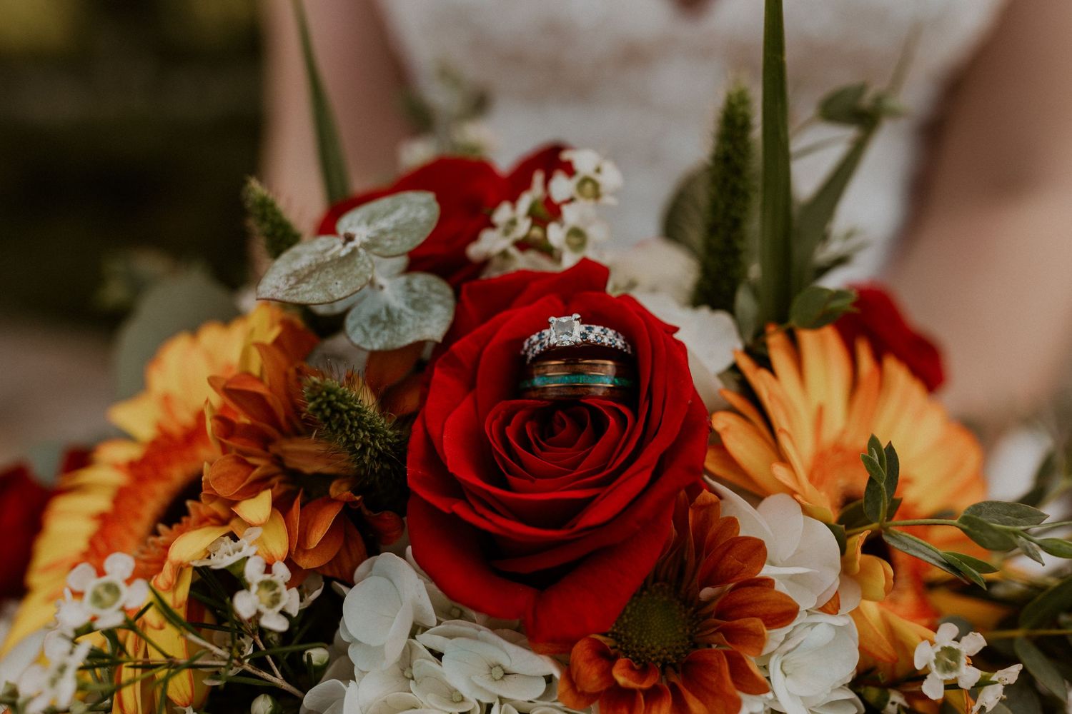 A photograph of the rings sitting on top of the flowers.